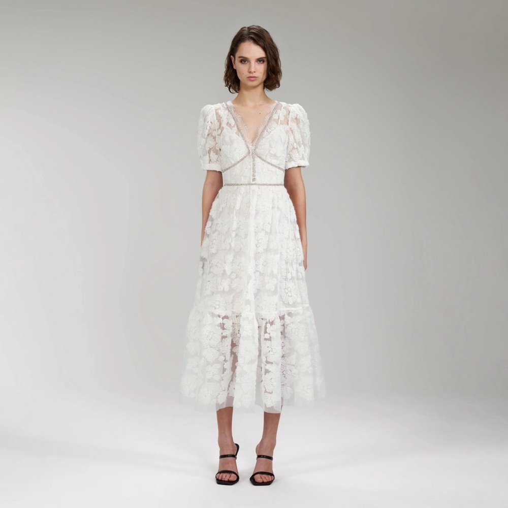 Self Portrait White Bridal Ribbon Lace Midi Dress Size US 8